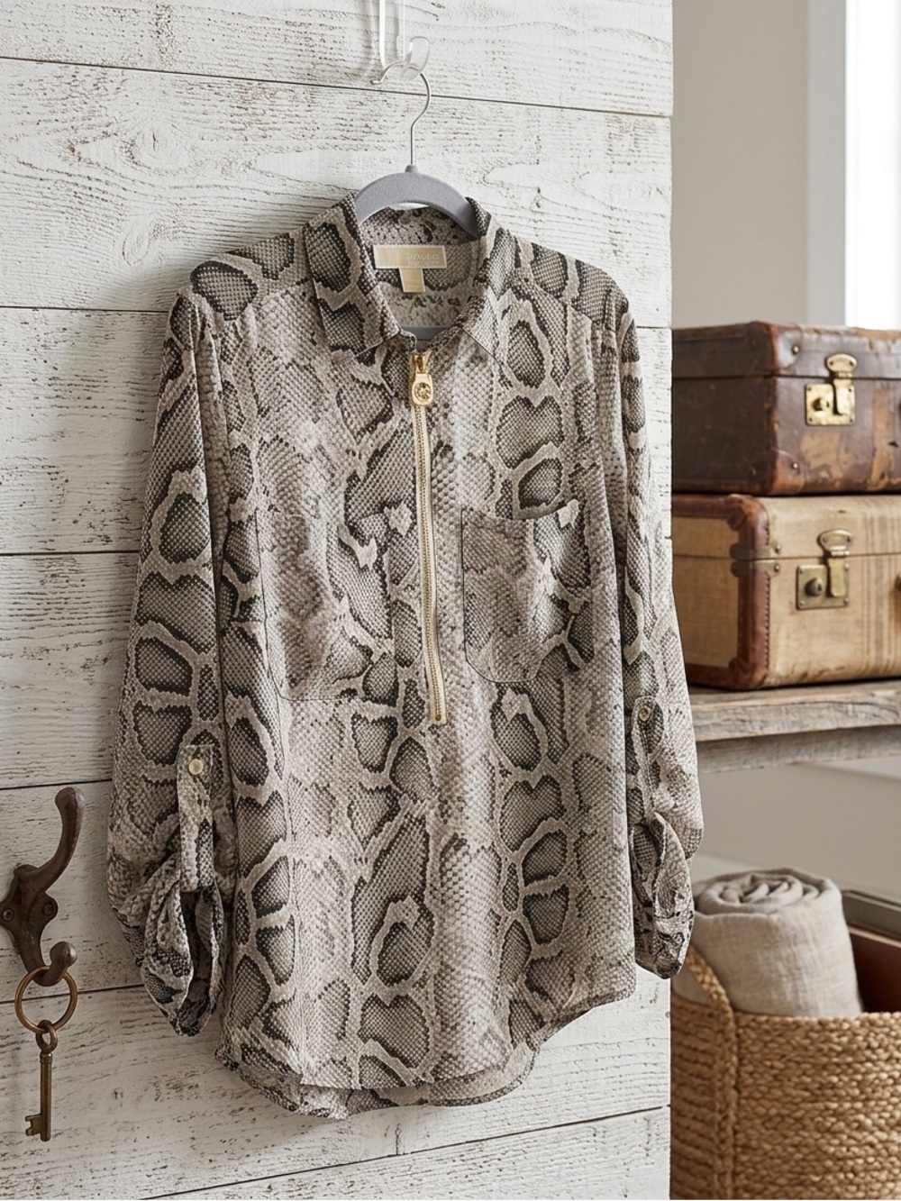 MICHAEL Michael Kors Beige Black Snake Print Jacket with Gold Hardware